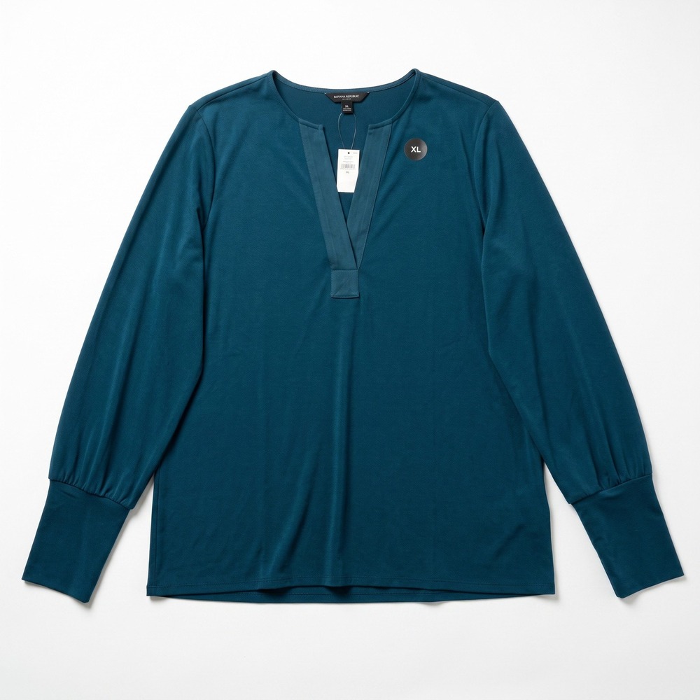 Banana Republic XL Womens Teal Blue Split Neck Blouse Top Casual Professional